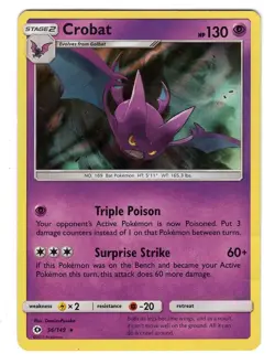 Pokemon TCG Crobat Sun & Moon Base Set 56/149 Holo Rare Card Played HP-MP - Image 1