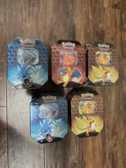 Pokemon TCG Hidden Fates GX Tins Set of 5 Full Sealed Charizard Gyarados Raichu - Image 1