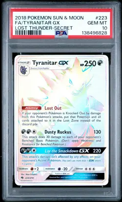 2018 Pokemon Sun Moon Lost Thunder Tyranitar GX Full Art Rainbow #223/214 PSA 9 - Image 1