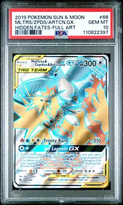 PSA 10 Moltres & Zapdos & Articuno GX Full Art Hidden Fates 66/68 Pokemon Card - Image 1