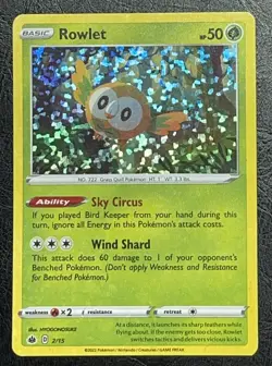 Pokemon Card Basic Rowlet Holo Foil 50 HP Excellent 2/15 2022 - Image 1