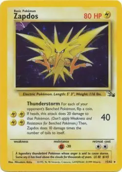 ZAPDOS 15/62 FOSSIL UNLIMITED POKEMON (HOLO RARE, NM) - Image 1