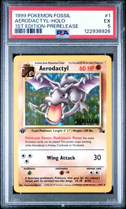 1999 POKEMON FOSSIL 1ST ED-PRERELEASE #1 AERODACTYL-HOLO PSA 5 - Image 1