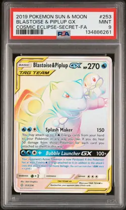 PSA 9 Pokemon 2019 Sun&Moon Cosmic Eclipse Blastoise/Piplup GX Secret FA #253 - Image 1