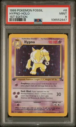 1999 POKEMON FOSSIL 1ST ED #8 HYPNO-HOLO PSA 9 - Image 1