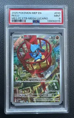 2025 MEGA EVOLUTION POKEMON CENTER STAMP ETB PROMO #010 RIOLU PSA 9 MINT - Image 1
