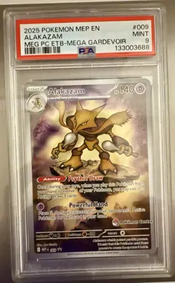 Pokemon TCG Alakazam Pokemon Center Promo #9 MEP: Mega Evolution ETB PSA 9 - Image 1