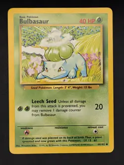 Pokemon Bulbasaur Unlimited Edition 44/102 Common Card, HP English, Base Set - Image 1
