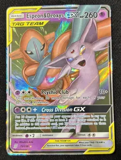 Pokemon Espeon & Deoxys GX Ultra Rare TAG TEAM Holo SM-Unified Minds Card 72/236 - Image 1