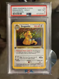 1999 Pokemon Dragonite 1st Edition Holo 4/62 Fossil PSA 8 - Image 1