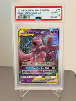 2019 Pokemon Sun and Moon Mewtwo and Mew GX Unified Minds PSA 10 - Image 1