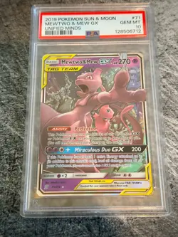 2019 Pokemon Sun and Moon Mewtwo and Mew GX Unified Minds PSA 10 - Image 3