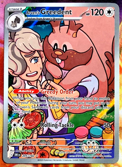 Pokemon Destined Rivals Arven's Greedent Illustration Full Rare 205/182 - Image 1