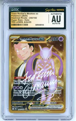 CGC Auto 10 Signed Ted Lewis Pokemon TCG Team Rocket's Mewtwo ex 240/182 (2025) - Image 1