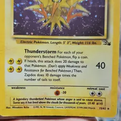 Pokemon Zapdos Fossil Holo Rare Card 15/62 English 1999 Unlimited - Image 2