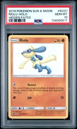 2019 POKEMON SUN & MOON HIDDEN FATES #SV21 RIOLU-HOLO PSA 10 - Image 1