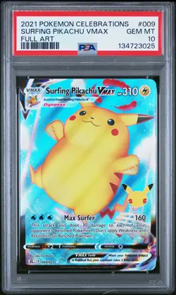 2021 POKEMON CELEBRATIONS #009 FULL ART/SURFING PIKACHU VMAX PSA 10 - Image 1