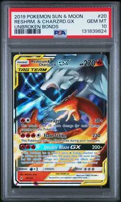 2019 POKEMON SUN & MOON UNBROKEN BONDS #20 RESHIRAM & CHARIZARD GX PSA 10 - Image 1