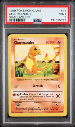 1999 Pokemon Game Charmander Shadowless 46/102 PSA 9 Mint - Image 1