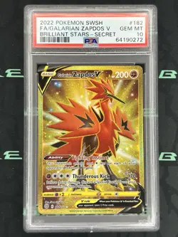 2022 Pokemon Brilliant Stars Galarian Zapdos V #182 Secret Rare Full Art PSA 10 - Image 1