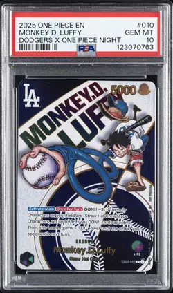2025 ONE PIECE PROMOS DODGERS X ONE PIECE NIGHT #010 MONKEY D. LUFFY PSA 10 - Image 1