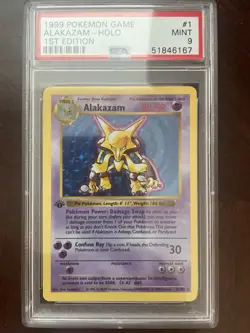 1999 Pokemon Alakazam Base Set 1st Edition Shadowless Holo #11/102 PSA 9 Mint - Image 1