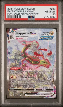 2021 Pokemon SWSH Evolving Skies Rayquaza VMAX #218 FA Secret PSA 10 GEM MINT - Image 1