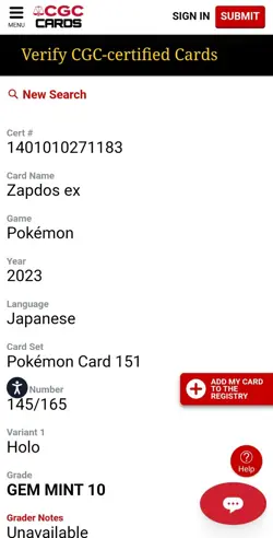 CGC 10 GEM MINT Pokemon 151 Zapdos ex 145/165 Japanese 2023 (323) - Image 4