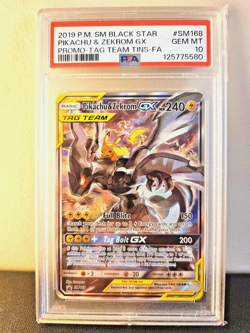 PSA 10 GEM MINT Pokemon TCG Black Star Promo Pikachu & Zekrom GX Tag Team SM168 - Image 1