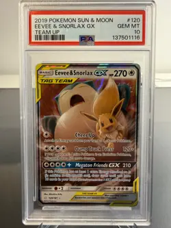 Pokemon TCG PSA 10 GEM MINT Eevee & Snorlax GX 120/181 Team Up English - Image 1