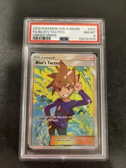 2019 Pokemon Sun & Moon Unified Minds 231 Blue’s Tactics Full Art PSA 8 NM-MT - Image 1