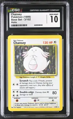CGC 10 GEM MINT Chansey 1999 Base Set 3/102 Holo Pokemon Card - Image 1