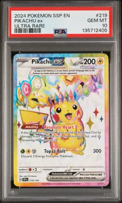 2024 POKEMON SSP EN-SURGING SPARKS 219 PIKACHU EX ULTRA RARE PSA 10 - Image 1
