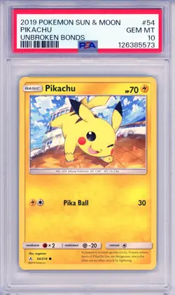 2019 POKEMON SUN & MOON #54 PIKACHU GEM MT PSA 10 UNBROKEN BONDS - Image 1