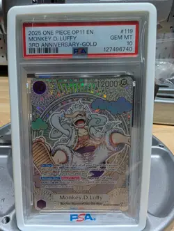 2025 ONE PIECE OP11 MONKEY D. LUFFY 3RD ANNIV. GOLD OP05 119 SEC PSA 10 English - Image 1
