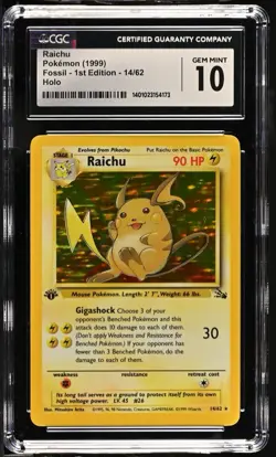 CGC 10 GEM MINT Raichu 1999 1st Edition 14/62 Holo Pokemon Card - Image 1