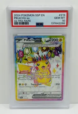 🔥2024 POKEMON SSP EN-SURGING SPARKS ULTRA RARE #219 PIKACHU EX PSA 10 GEM MT!🔥 - Image 1