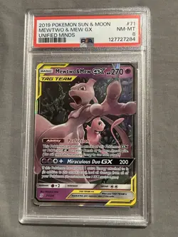 2019 Pokemon Sun & Moon Unified Minds Mewtwo & Mew GX #71 PSA 8 - Image 1