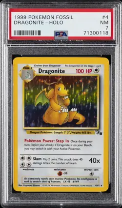1999 POKEMON FOSSIL #4 DRAGONITE-HOLO PSA 7 - Image 1