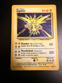 Zapdos 16/102 Holo Base Set Unlimited Pokemon Card - MP - Image 2