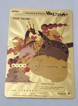 Pokemon Card Gold Fan Art Charizard & Pikachu VMAX Tag Team HP 720 - Image 1