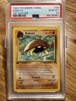 Pokemon 1999 Kabuto 1st Edition Fossil #50/62 PSA 10 Gem MT - Image 1