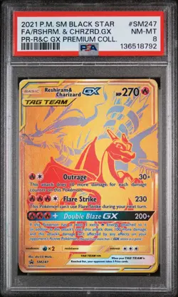 PSA 8 NM-MT Reshiram & Charizard GX SM247 Full Art Black Star Promo Pokemon Card - Image 1
