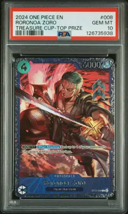 2024 ONE PIECE PROMOS TREASURE CUP-TOP PRIZE #008 RORONOA ZORO PSA 10 - Image 1