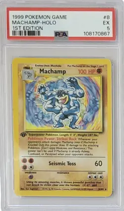 Pokemon Game 1999 1st Edition Base Set Machamp Holo #8/102 PSA 5 - Image 1