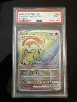 Pokemon Go Full Art Mewtwo VSTAR Rainbow Secret Rare 079/078 PSA 9 Mint - Image 1