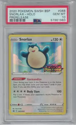 Pokemon Snorlax SWSH068 Vivid Voltage Prerelease Card PSA 10 - Image 1