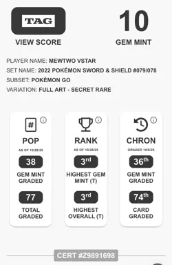 TAG GEM MINT 10 Mewtwo VSTAR 079/078 - Pokemon GO Secret Rare - Image 3