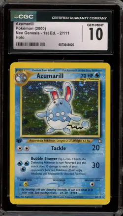 Pokemon Azumarill Neo Genesis 1st Edition Holo Rare #2 CGC 10 Gem Mint - Image 1