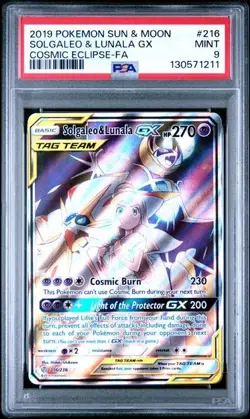2019 Pokemon Sun & Moon Cosmic Eclipse #216 Full Art Solgaleo & Lunala GX PSA 9 - Image 1